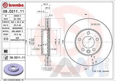Диск тормозной передний (для R16) Brembo (09.D211.11) для Volkswagen Caravelle T6