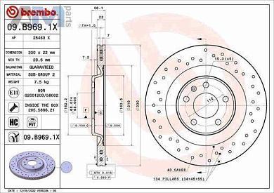 Задние перфорированные тормозные диски BREMBO 09.B969.1X для Audi A4 (B8) 2012-2014