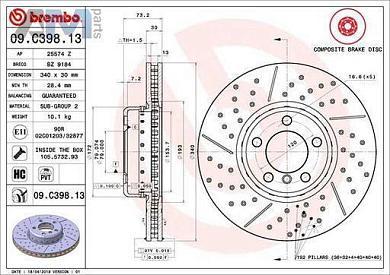 Перфорированные передние тормозные диски 340X30 (09.C398.13) Brembo на BMW 4 Серии 2013-2021 435