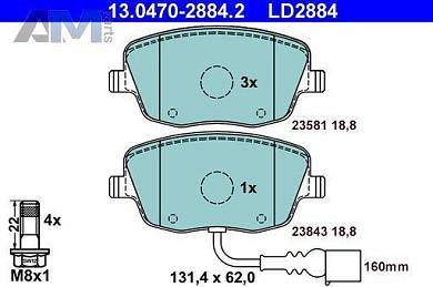 Передние керамические тормозные колодки ATE 13.0470-2884.2 для Skoda Mk2 (2007-2014)