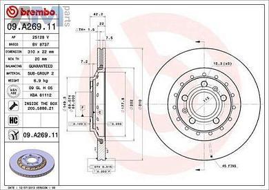Задние тормозные диски BREMBO 09.A269.11 Audi A8 (D3) 2002-2010