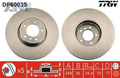 Передние тормозные диски 348X36 (DF6003S) TRW на BMW 5 Серии (E60) 535d