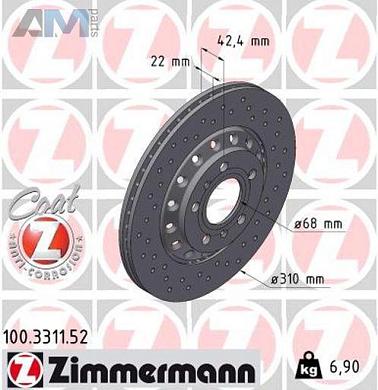 Задние перфорированные тормозные диски ZIMMERMANN 100.3311.52 для Audi A8 (D3) 2002-2010