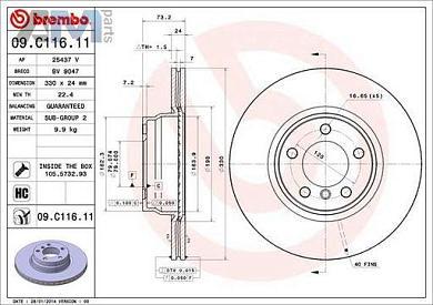 Передние тормозные диски 330X24 (09.C116.11) Brembo для BMW 4 Серии 2013-2021 430d/430dX