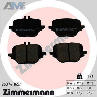 Задние тормозные колодки (26374.165.1) Zimmermann для Mercedes C-Class 2021-2025 (W206) C43