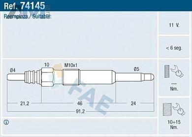Свеча накаливания FAE (74145) на Audi A4 (B7) 2005-2009 1.9Diesel
