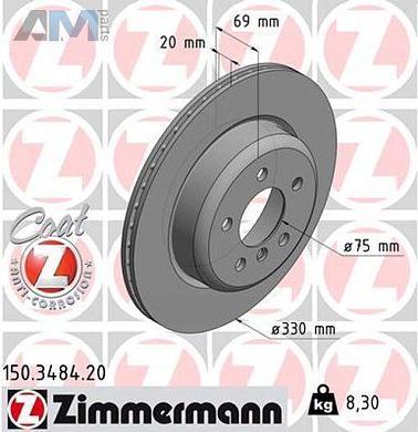 Задние тормозные диски 330X20 (150.3484.20) ZIMMERMANN на BMW 5 серии (F10) 525d/528i