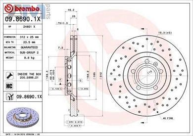 Передние перфорированные тормозные диски BREMBO 09.8690.1X на Audi A4 (B7) 2005-2009