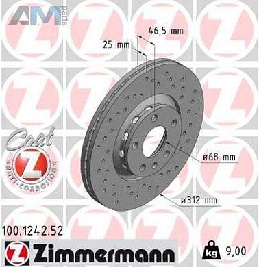 Передние перфорированные тормозные диски ZIMMERMANN 100.1242.52 на Audi A4 (B6) 2001-2005