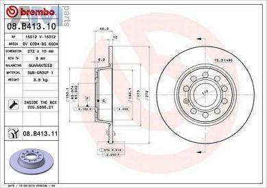 Задние тормозные диски BREMBO 08.B413.11 для Volkswagen Golf VII (2012-2020)