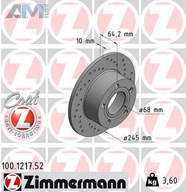 Задние перфорированные тормозные диски ZIMMERMANN 100.1217.52 на Skoda 3U (2001-2008)