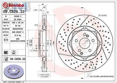 Задние тормозные диски 09.C826.33 BREMBO для Мерседес AMG E63S