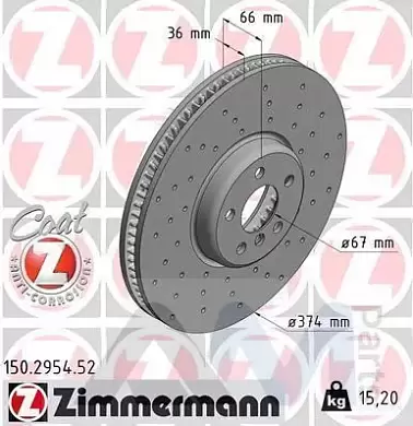 Перфорированный передний левый диск 374X36 (150.2954.52) ZIMMERMANN для BMW 7 Серии (G11) 740/750dX