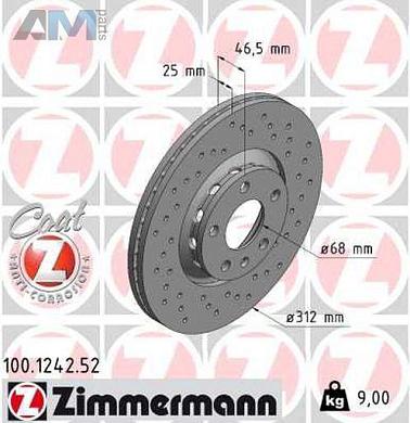 Передние перфорированные тормозные диски ZIMMERMANN 100.1242.52 на Audi A4 (B7) 2005-2009