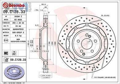 Задние тормозные диски 09.C128.33 BREMBO для Мерседес S 63 AMG