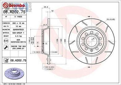 Задние тормозные диски BREMBO 08.A202.75 на Volkswagen Tiguan I (2012-2016)