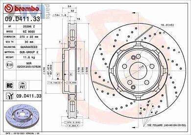 Задние перфорированные диски (09.D411.33) BREMBO на Mercedes V167 GLE AMG 53