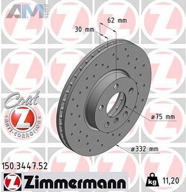 Перфорированные передние тормозные диски 332X30 (150.3447.52) ZIMMERMANN для BMW X5 (F15) 25d/25dX/28i