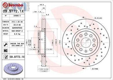 Передние перфорированные тормозные диски BREMBO 09.9772.1X для Audi A3 (8V) 2012-2020