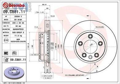 Передний левый тормозной диск BREMBO 09.C881.11 для Volkswagen Touareg II (2011-2014)