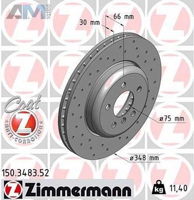 Перфорированные передние тормозные диски 348X30 (150.3483.52) ZIMMERMANN для BMW 5 серии (F10) 525d/528i