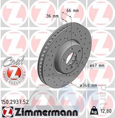 Перфорированный правый передний тормозной диск ZIMMERMANN (150.2937.52) на BMW X3 (G01) M40iX