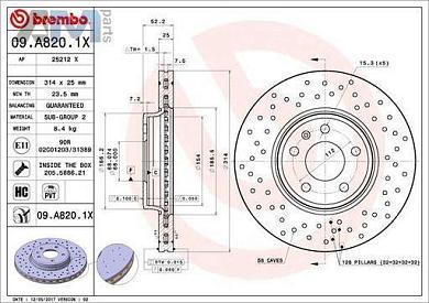 Передние перфорированные тормозные диски BREMBO 09.A820.1X на Audi A5 (F5) 2016-2025