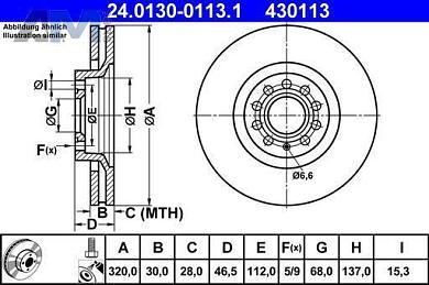 Передние тормозные диски ATE 24.0130-0113.1 Audi A4 (B7) 2005-2009