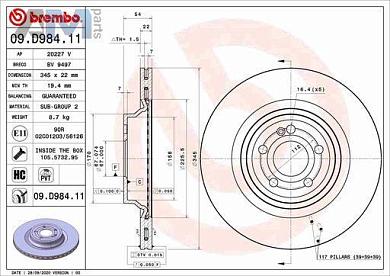 Задние тормозные диски 09.D984.11 BREMBO для Мерседес GLS350d/400d/450/580