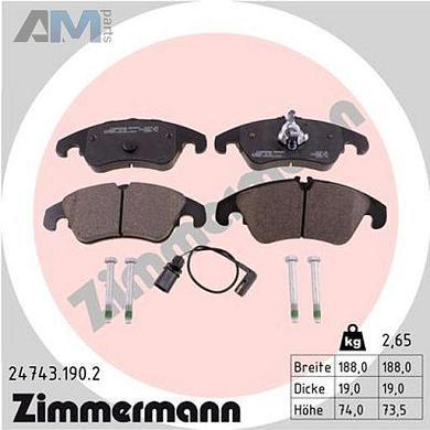 Передние тормозные колодки ZIMMERMANN 24743.190.2 Audi A4 (B8) 2008-2012