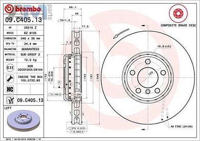 Передний левый тормозной диск 348X36 (09.C405.13) Brembo для BMW 5 серии (F10) 525d/528i