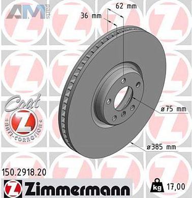 Передний правый тормозной диск 385X36 (150.2918.20) ZIMMERMANN на BMW X6 (F16) 50iX 4.4