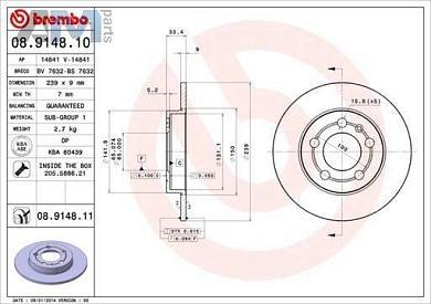 Задние тормозные диски BREMBO 08.9148.11  Skoda Tour (1996-2011)