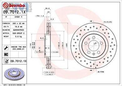 Передние керамические тормозные диски BREMBO 09.7012.1X для Volkswagen Golf IV (1997-2005)