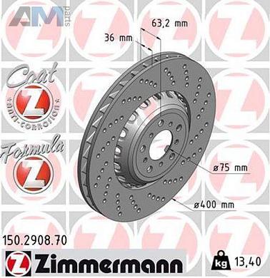 Передний правый тормозной диск 400X36 (150.2908.70) ZIMMERMANN для BMW 5 серии F10 рестайлинг рестайлинг M550dX