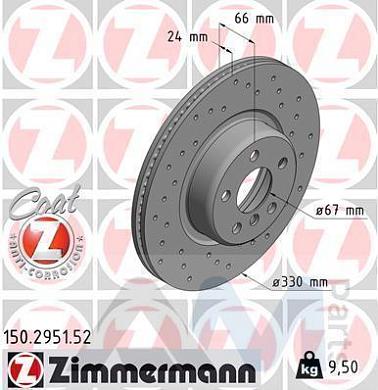 Перфорированные передние тормозные диски ZIMMERMANN (150.2951.52) для BMW 5 серии (G30) 520i
