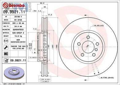 Передние тормозные диски 365X36 (09.9921.11) Brembo на BMW X6 (F16) 50iX 4.4