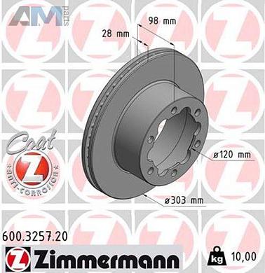 Задние тормозные диски (600.3257.20) Zimmermann для Volkswagen Crafter (2017-2024) диски (300х28)