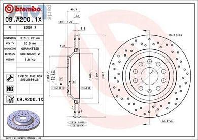 Задние перфорированные тормозные диски BREMBO 09.A200.1X Audi A3 (8V) 2012-2020