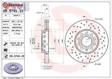Передние перфорированные тормозные диски BREMBO 09.5745.2X на Audi A4 (B7) 2005-2009