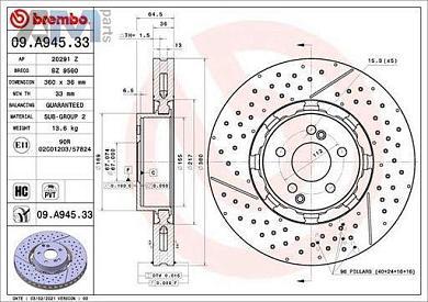 Передние перфорированные диски (09.A945.33) BREMBO для Mercedes E-Class W213 E63 AMG