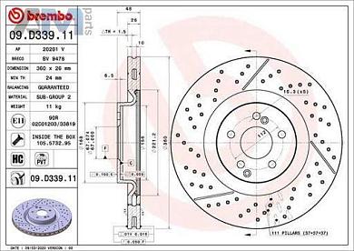 Задние тормозные диски BREMBO 09.D339.11 для Mercedes AMG GT 43