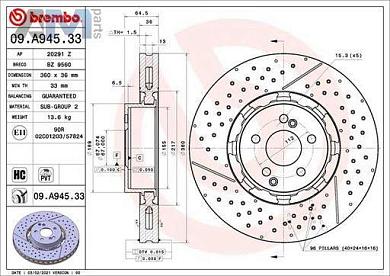 Передние тормозные диски BREMBO 09.A945.33 для Mercedes AMG GT 43
