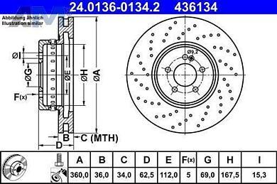 Передние перфорированные диски (24.0136-0134.2) ATE на Mercedes E-Class W213 E350