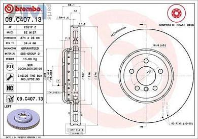 Передний левый тормозной диск 374x36 (09.C407.13) Brembo для BMW 5 серии (F10) 550iX