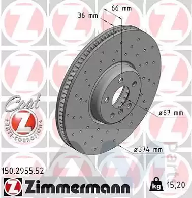 Перфорированный передний правый диск 374X36 (150.2955.52) ZIMMERMANN для BMW 7 Серии (G11) тормоза серии М