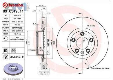 Передний левый тормозной диск BREMBO 09.C549.11  Volkswagen Touareg II (2014-2018)