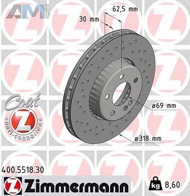 Передние перфорированные диски (400.5518.30) Zimmermann на Mercedes C-Class W205 C160-200/С220d