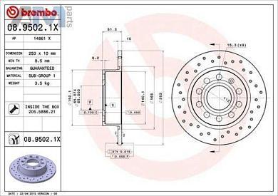 Задние перфорированные тормозные диски BREMBO 08.9502.1X на Volkswagen Golf Plus (2005-2014)