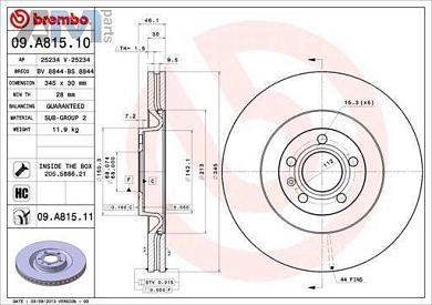 передние тормозные диски 345х30 09A81511 (BREMBO) для автомобилей VAGЗаказать передние тормозные диски 345х30 09A81511 производства BREМерседесO для Фольксваген/Ауди/Шкода на выгодных условиях